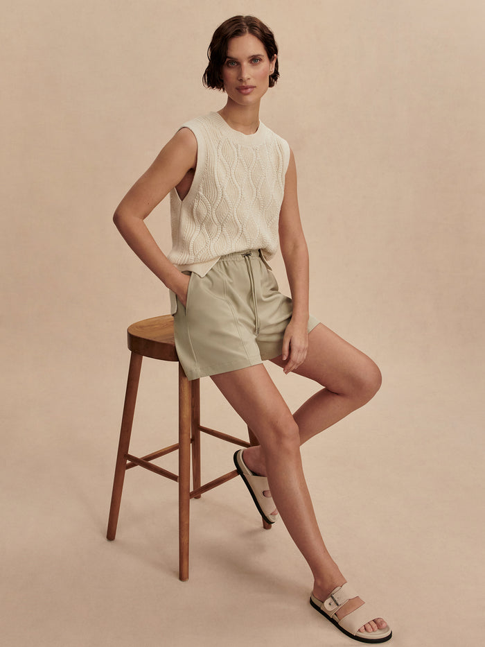 Birch|Varley Teller Longline Knit Tank in Birch, front view of a sleeveless knit top with a relaxed, extended line silhouette.