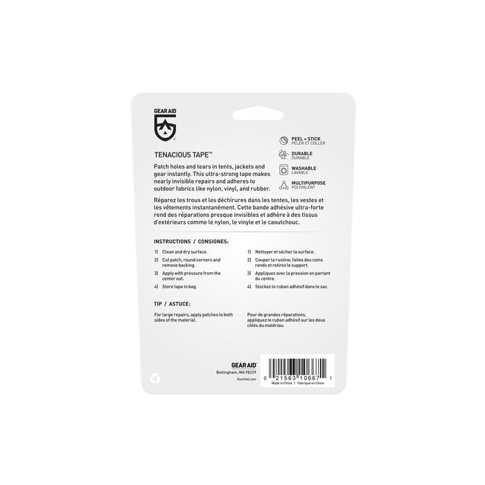 White Gear Aid Tenacious Tape packaging displays the brand logo, product name, feature icons, and a hang tab.