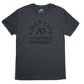 Charcoal heather t-shirt with a dark gray "FIRST LITE GO FARTHER STAY LONGER" graphic on the front.
