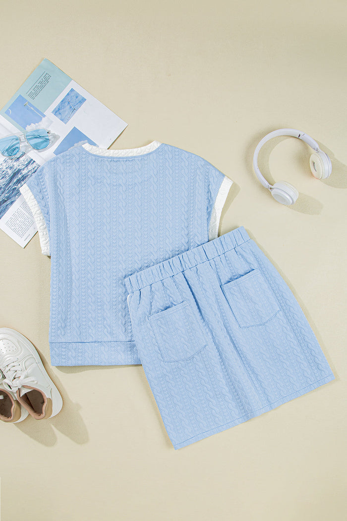 Textured Contrast Trim Crewneck Tee & Pocketed Skirt Set