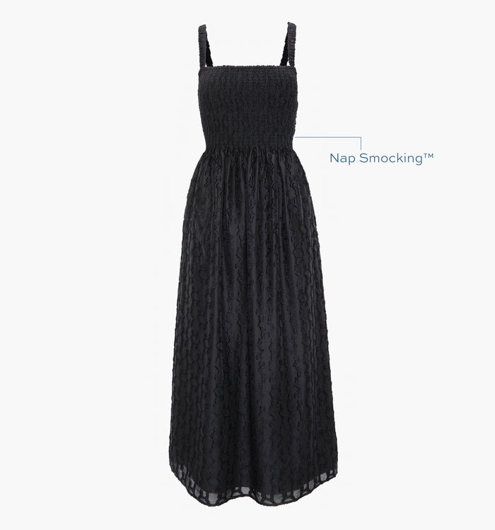 Image of a Nap Dress with text highlighting it's Nap Smocking™ color: Black Fil Coupé