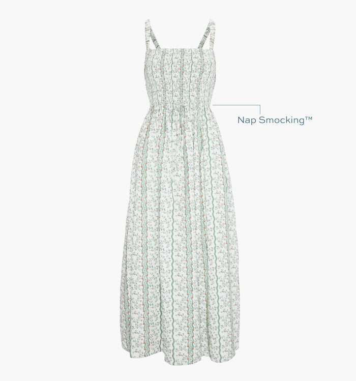 Image of a Nap Dress with text highlighting it's Nap Smocking™ color: Green Provence Floral