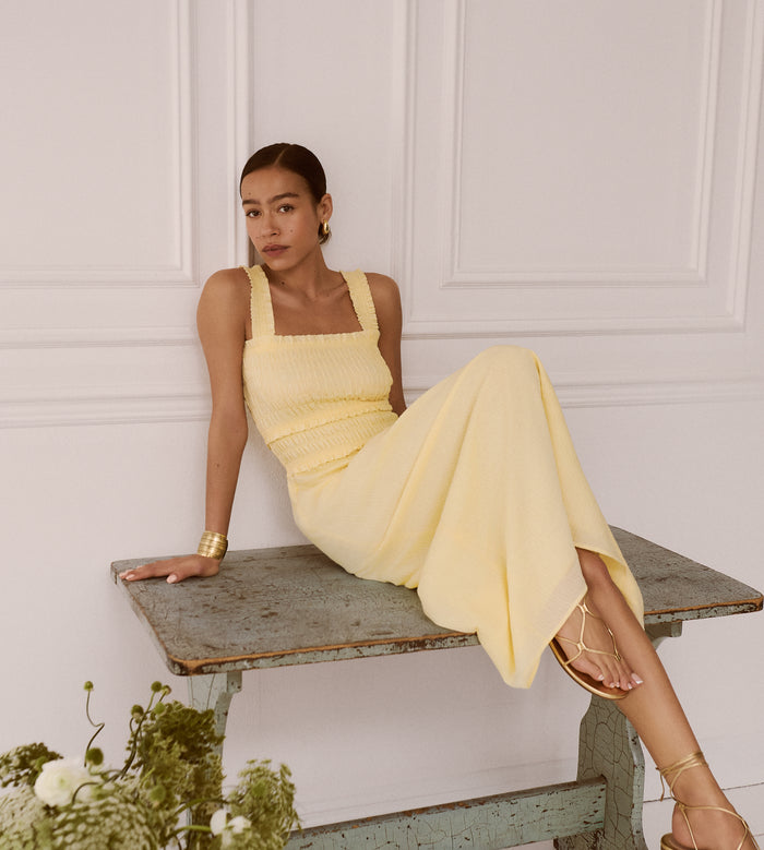 The Azalea Maxi Nap Dress - Butter Yellow Tonal Seersucker