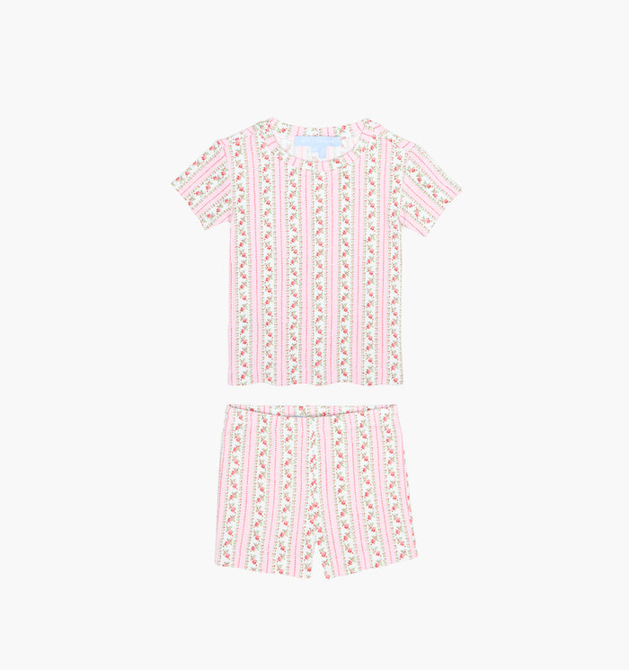 The Baby Lou Pointelle PJ Set - Floral Dot Stripe Pink