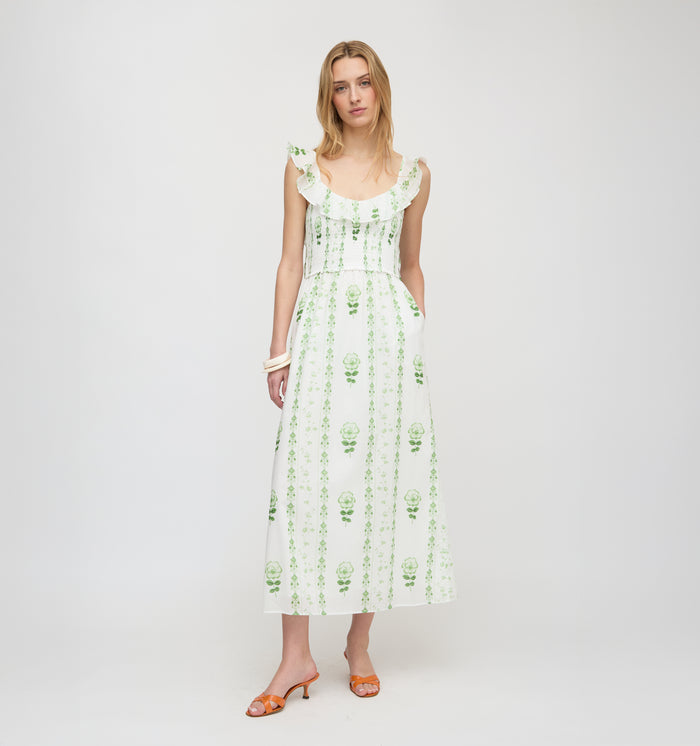 The Cambria Nap Dress - White/Green Arcadia Border