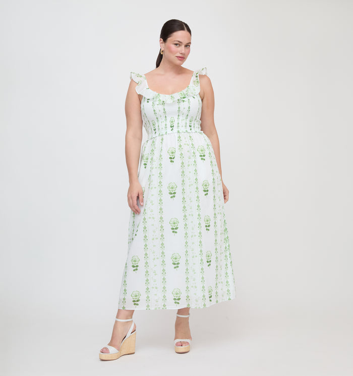 The Cambria Nap Dress - White/Green Arcadia Border