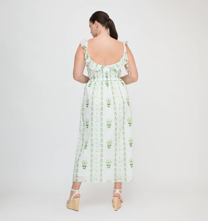 The Cambria Nap Dress - White/Green Arcadia Border
