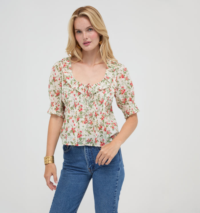 The Camri Top - Primrose Bouquet Ivory/Coral