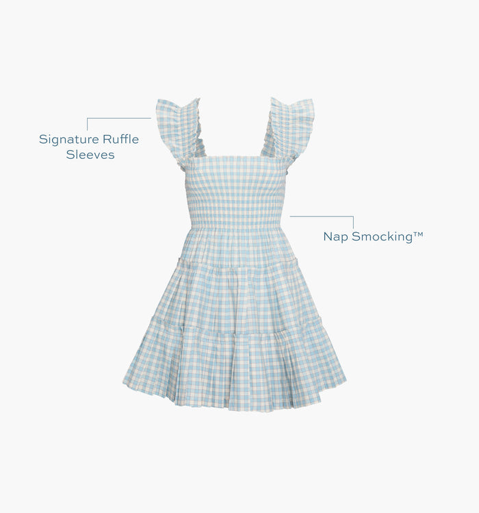 Signature ruffle sleeves, proprietary Nap Smocking™ color: Blue/Red Gingham
