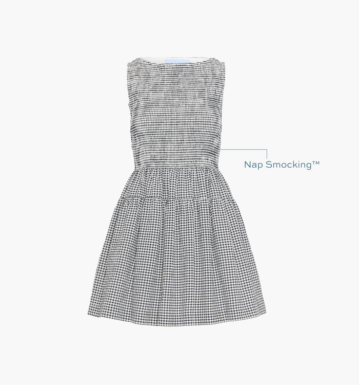 Image of a Nap Dress with text highlighting it's Nap Smocking™ color: Black/Sand Gingham