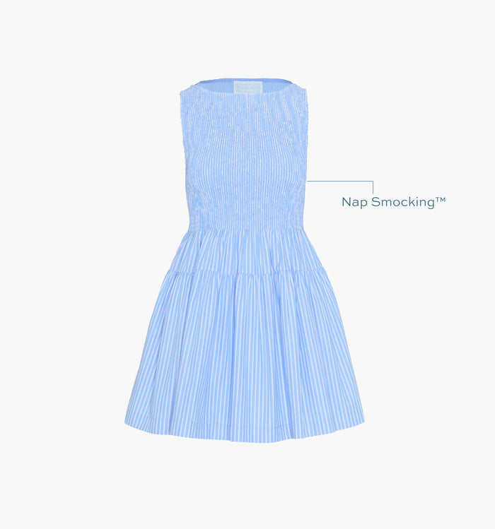 Image of a Nap Dress with text highlighting it's Nap Smocking™ color: Blue Stripe