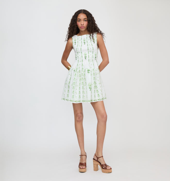 The Cosima Mini Nap Dress - White/Green Arcadia Border
