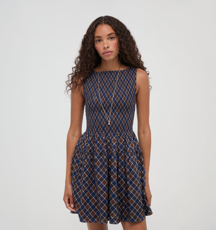The Cosima Mini Nap Dress -  Wilshire Plaid Chocolate/Navy