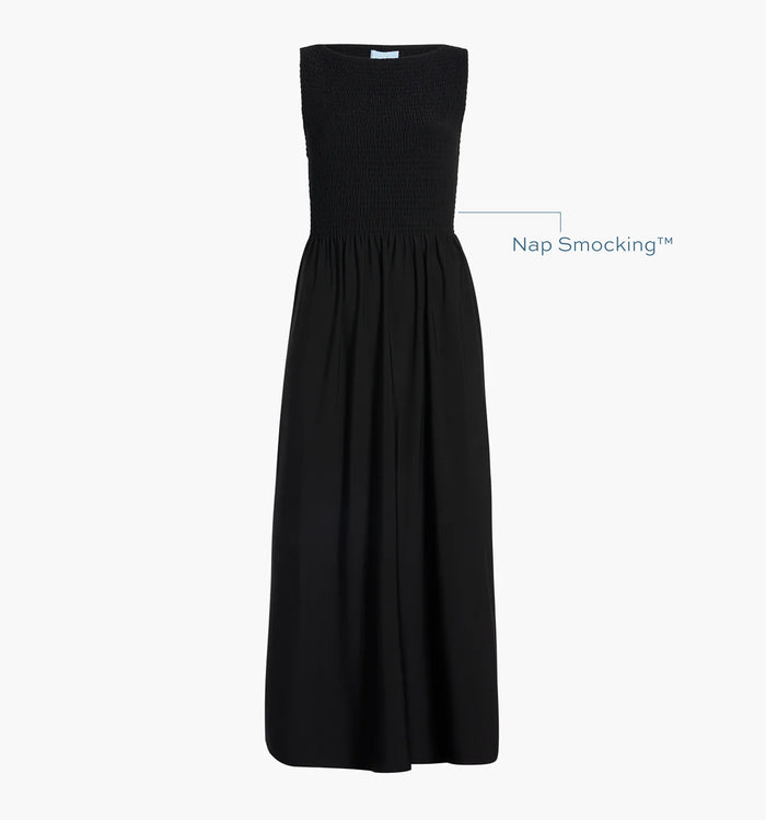 Image of a Nap Dress with text highlighting it's Nap Smocking™ color: Black Jersey
