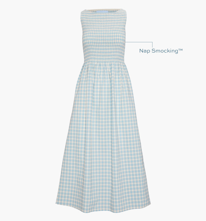 Image of a Nap Dress with text highlighting it's Nap Smocking™ color: Blue/Red Gingham