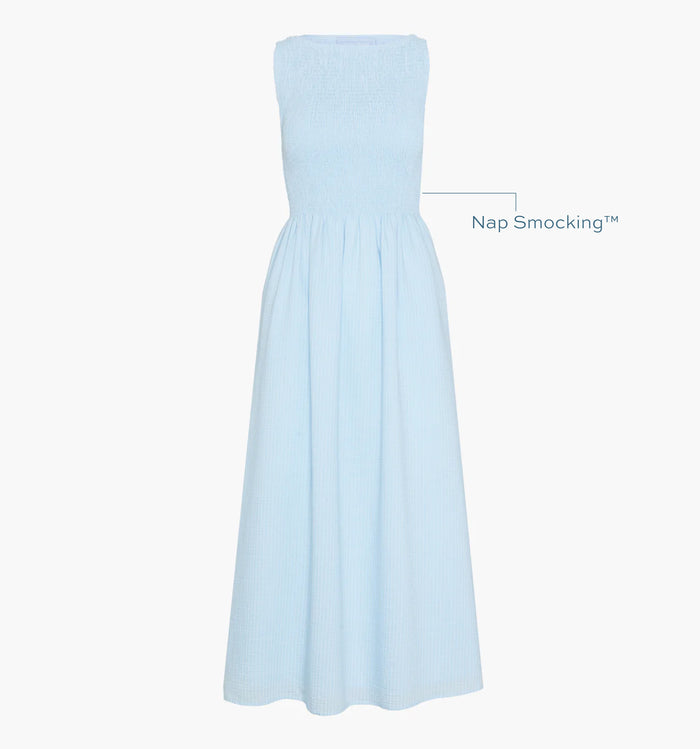 Image of a Nap Dress with text highlighting it's Nap Smocking™ color: Pale Blue