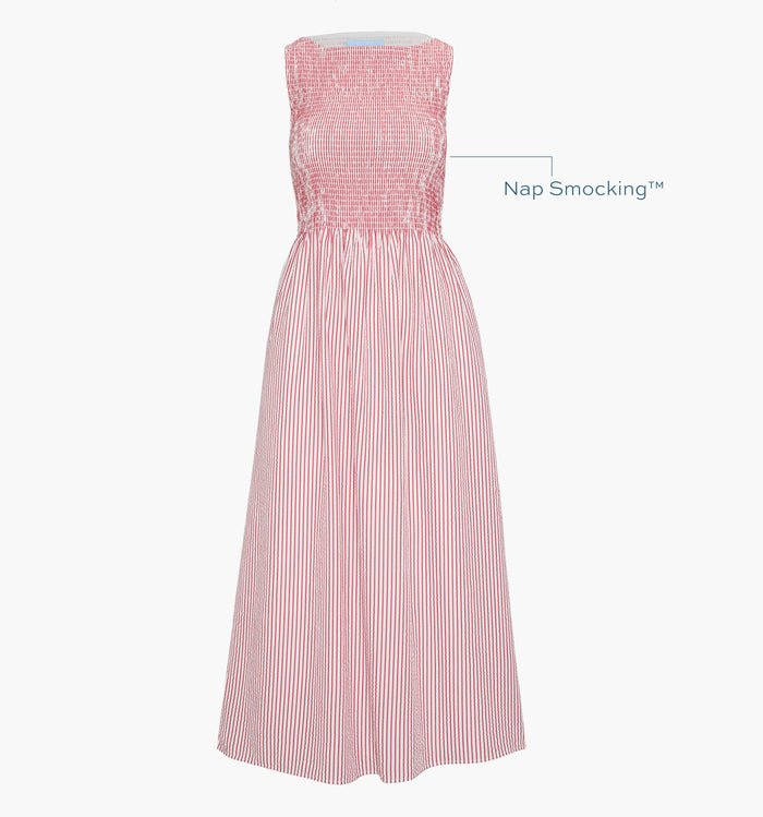 Image of a Nap Dress with text highlighting it's Nap Smocking™ color: Red Ticking Stripe