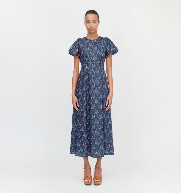 The Dominique Dress in Navy Cala Paisley color: Navy Cala Paisley