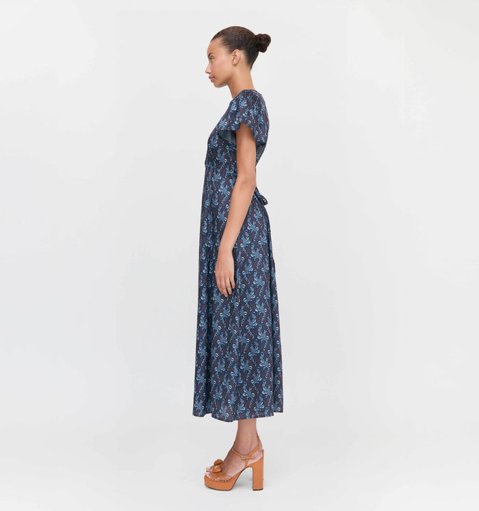 The Dominique Dress in Navy Cala Paisley color: Navy Cala Paisley