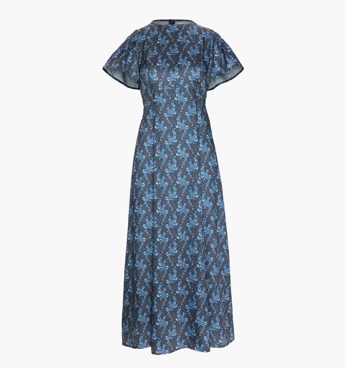 The Dominique Dress in Navy Cala Paisley color: Navy Cala Paisley