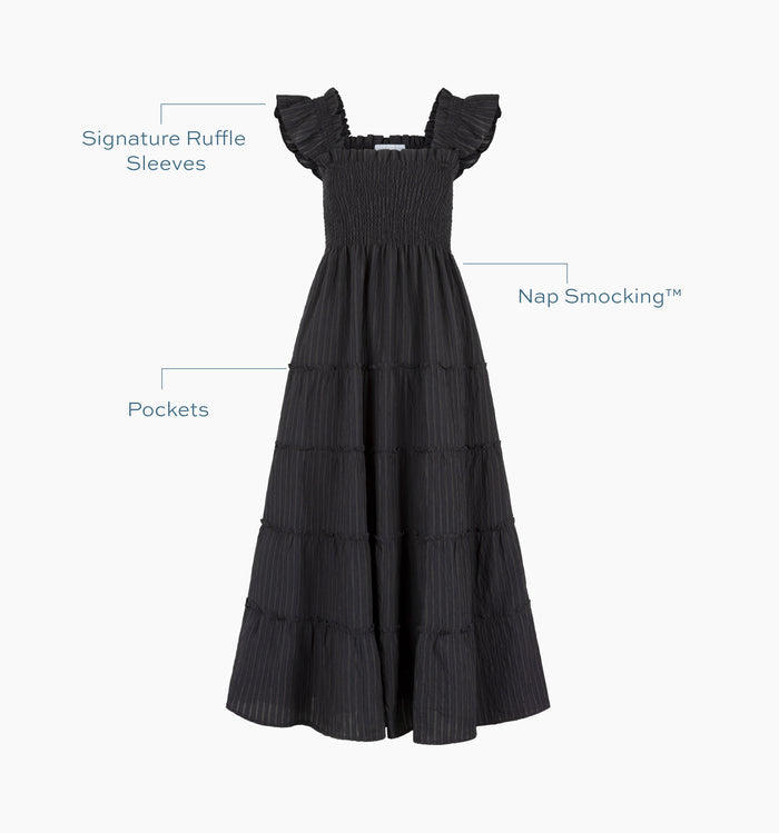 Image of a Nap Dress with text highlighting it's Nap Smocking™ color: Black Tonal Seersucker