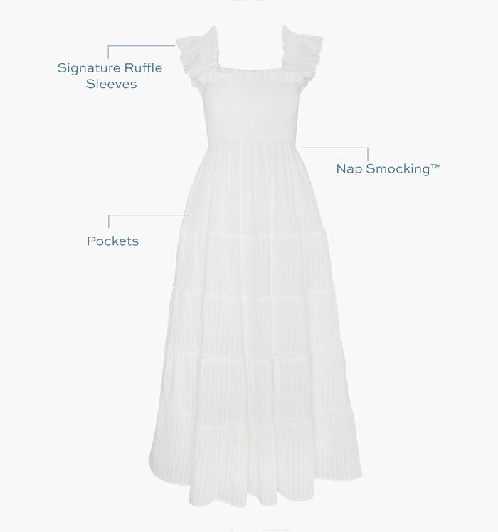 Image of a Nap Dress with text highlighting it's Nap Smocking™ color: White Tonal Seersucker