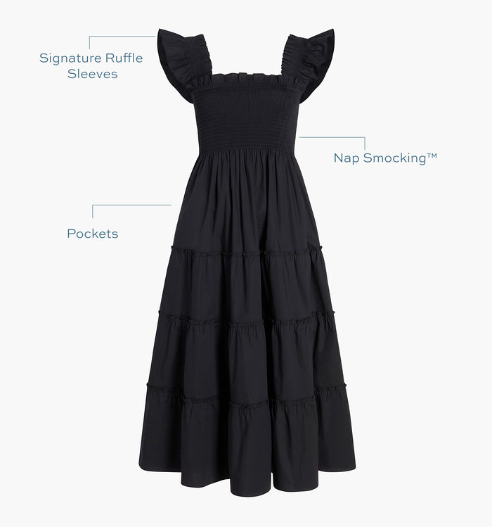 Signature ruffle sleeves, proprietary Nap Smocking™, Pockets color: Black Poplin