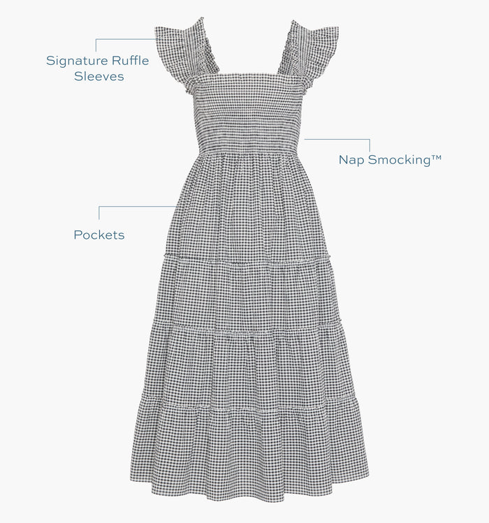 Signature ruffle sleeves, proprietary Nap Smocking™, Pockets color:  Black/Sand Gingham