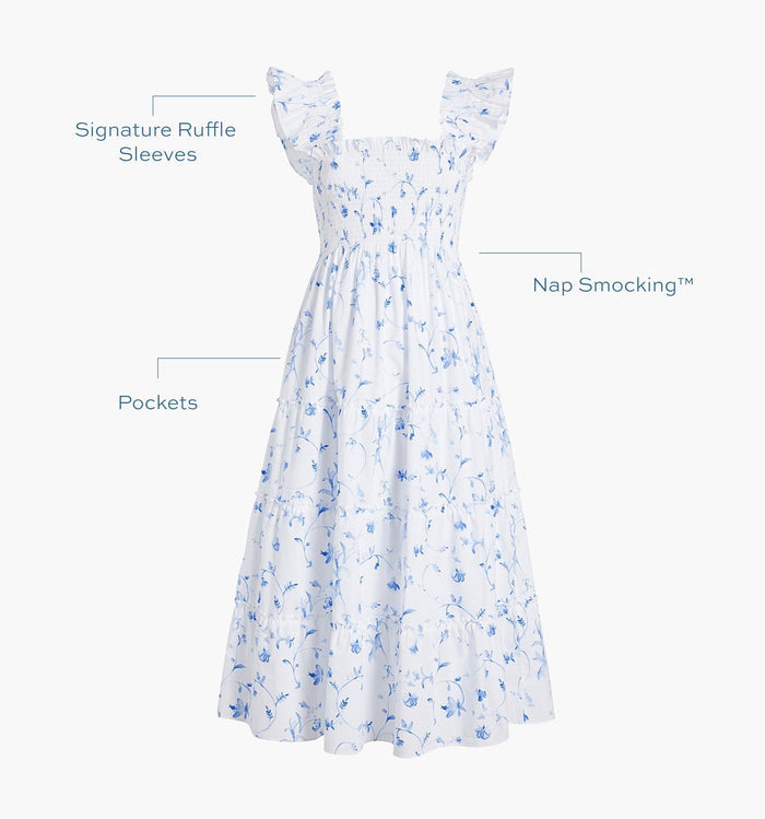 Signature ruffle sleeves, proprietary Nap Smocking™, Pockets color: Blue Botanical