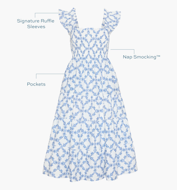 Signature ruffle sleeves, proprietary Nap Smocking™, Pockets color: Blue Marigold Block