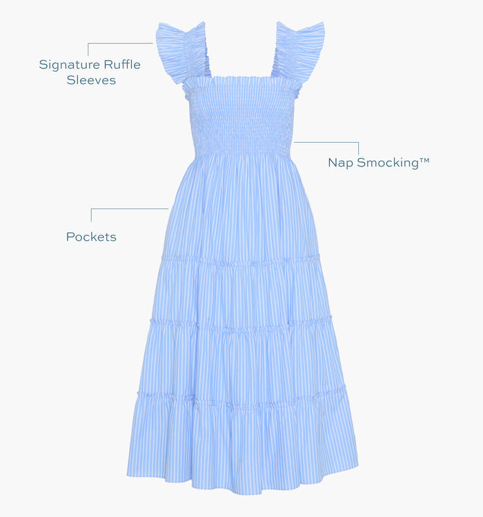 Image of a Nap Dress with text highlighting it's Nap Smocking™ color: Blue Stripe