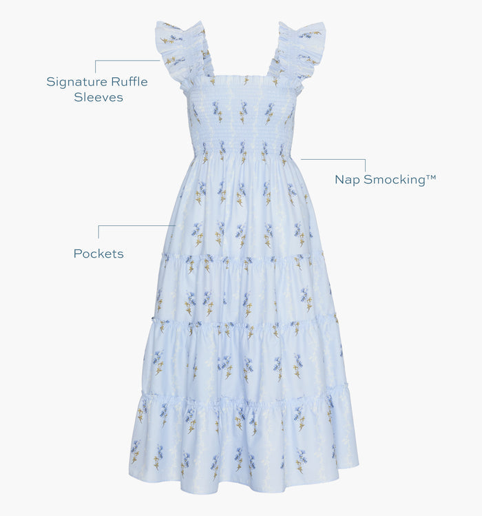 Signature ruffle sleeves, proprietary Nap Smocking™, Pockets color: Bluebell Waltz