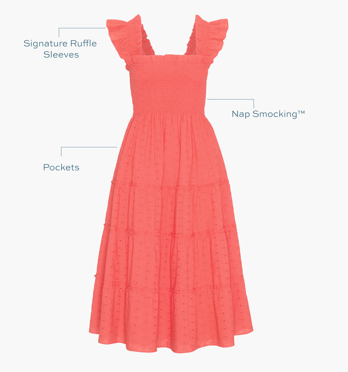 Signature ruffle sleeves, proprietary Nap Smocking™, Pockets color: Coral Daisy Broderie