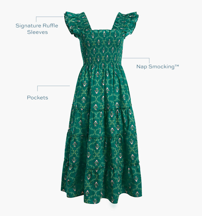 Signature ruffle sleeves, proprietary Nap Smocking™, Pockets color: Emerald Trellis