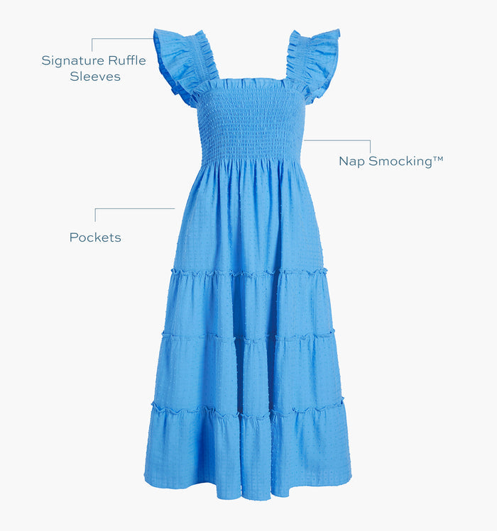 Signature ruffle sleeves, proprietary Nap Smocking™, Pockets color: Hydrangea Blue Textured Clip Dot