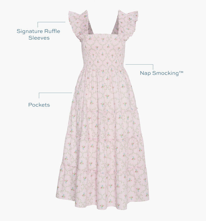 Signature ruffle sleeves, proprietary Nap Smocking™, Pockets color: Light Pink Trellis