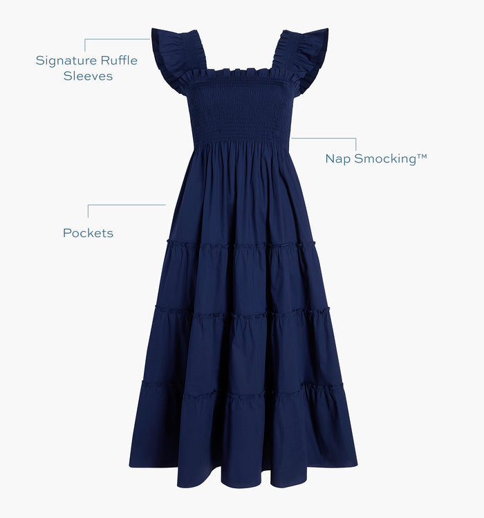 Signature ruffle sleeves, proprietary Nap Smocking™, Pockets color: Navy Poplin