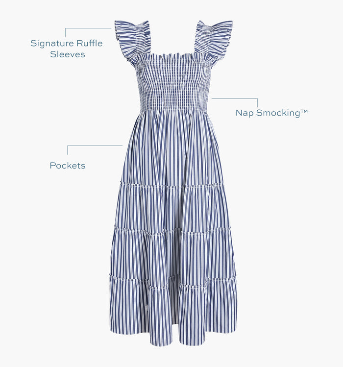 Signature ruffle sleeves, proprietary Nap Smocking™, Pockets color: Navy Stripe