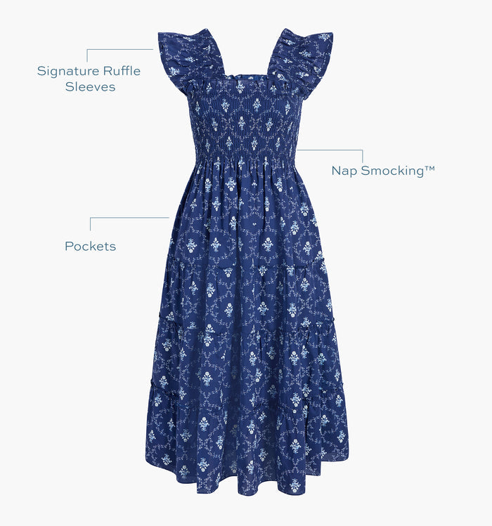 Signature ruffle sleeves, proprietary Nap Smocking™, Pockets color: Navy Trellis