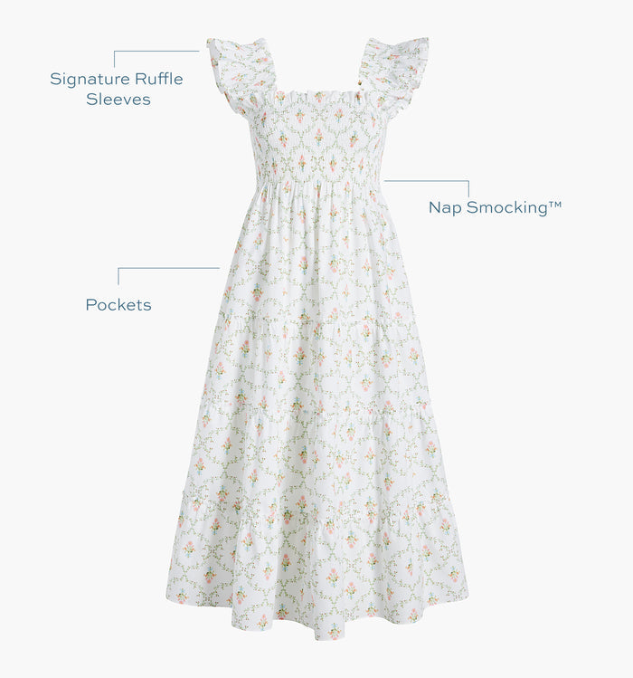 Signature ruffle sleeves, proprietary Nap Smocking™, Pockets color: Pastel Trellis