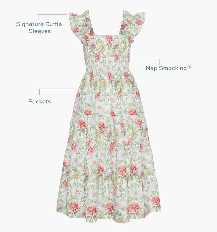 Signature ruffle sleeves, proprietary Nap Smocking™, Pockets color: Peony Chintz