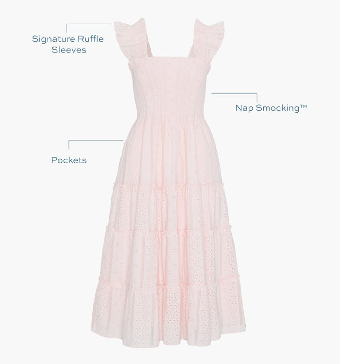 Signature ruffle sleeves, proprietary Nap Smocking™, Pockets color: Pink Broderie Voile