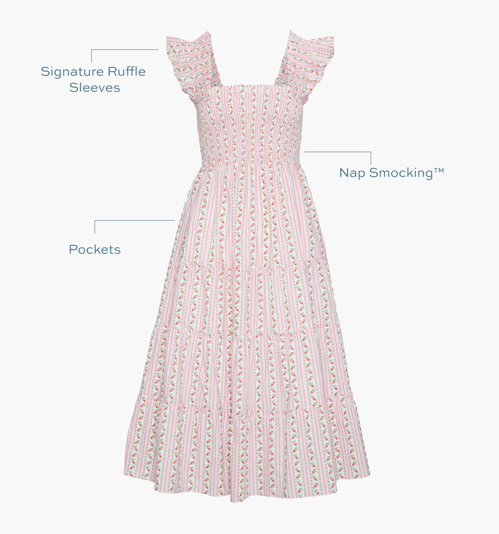 Signature ruffle sleeves, proprietary Nap Smocking™, Pockets color:  Pink Floral Dot Stripe