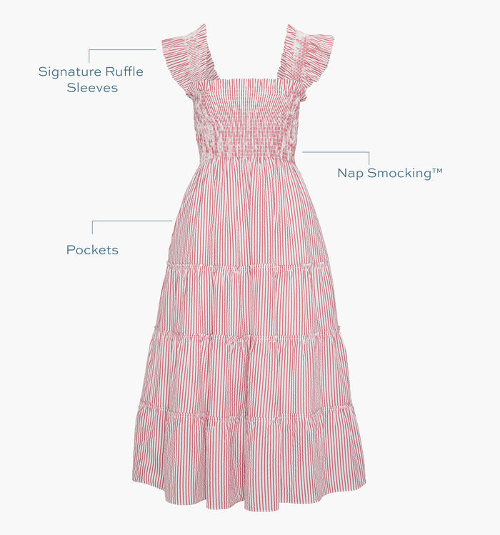 Signature ruffle sleeves, proprietary Nap Smocking™, Pockets color: Red Ticking Stripe
