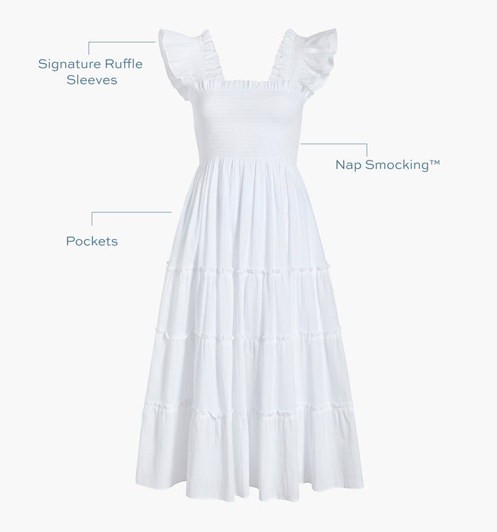 Signature ruffle sleeves, proprietary Nap Smocking™, Pockets color: White Shadow Stripe
