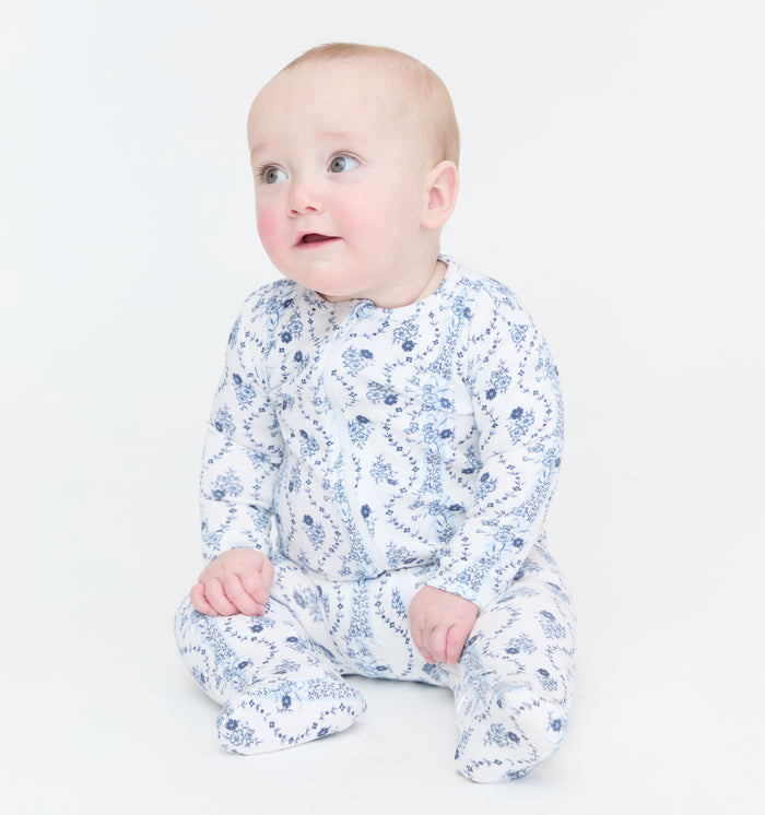 The Footie Pajama - Blue Vine Stripe