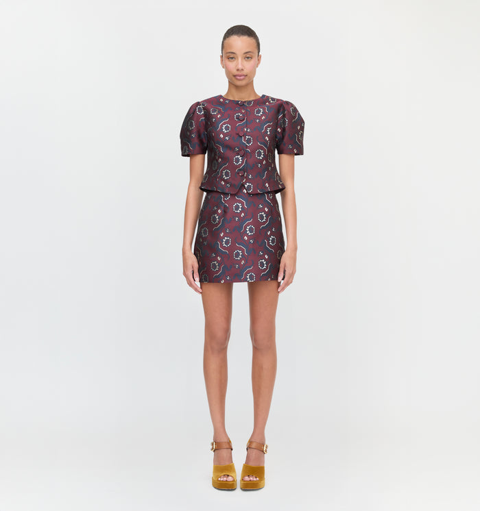 The Mallorie Top and The Hallie Skirt in Burgundy Baroque Jacquard color: Burgundy Baroque Jacquard