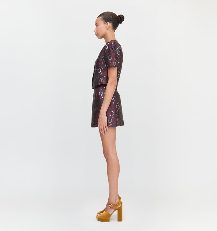 The Mallorie Top and The Hallie Skirt in Burgundy Baroque Jacquard color: Burgundy Baroque Jacquard