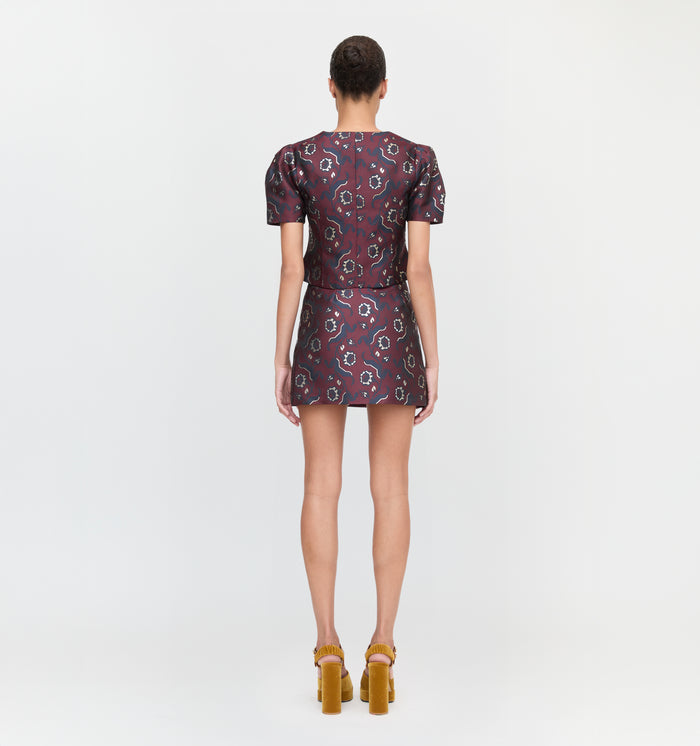 The Mallorie Top and The Hallie Skirt in Burgundy Baroque Jacquard color: Burgundy Baroque Jacquard