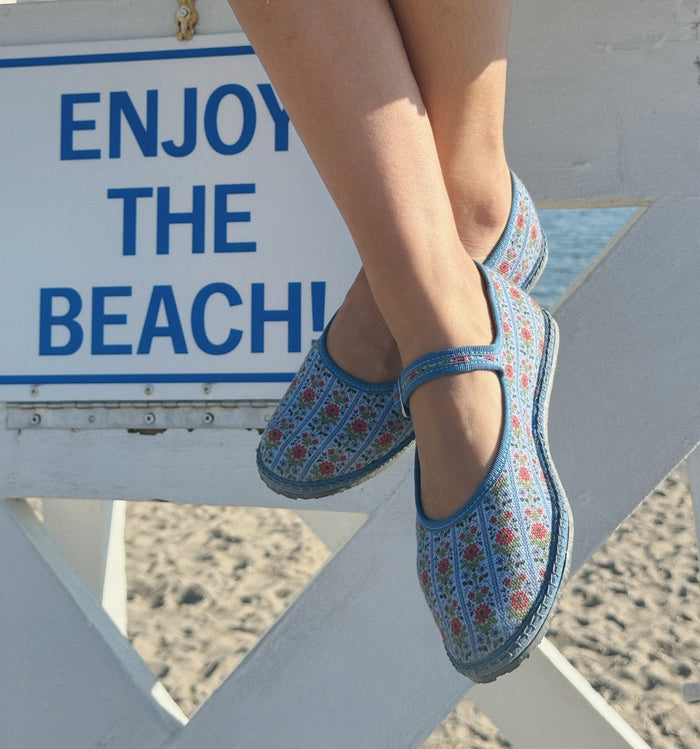 The Hill House x Vibi Venezia Mary Jane Flats - Blue Floral Block Stripe